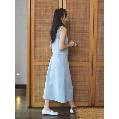 Crew neck linen cotton waist sleeveless vest dress