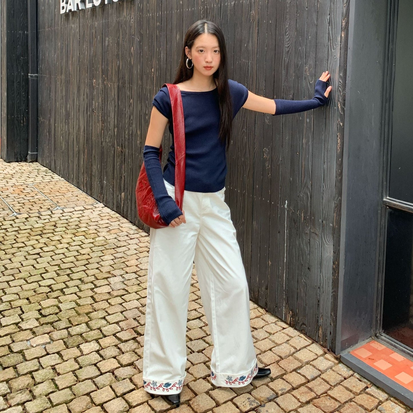 Straight trousers high waist embroidered hemmed slacks