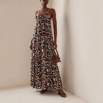 Women's Fashion Printed Long Dress Loose Halter Holiday Style Sexy Suspender Dress