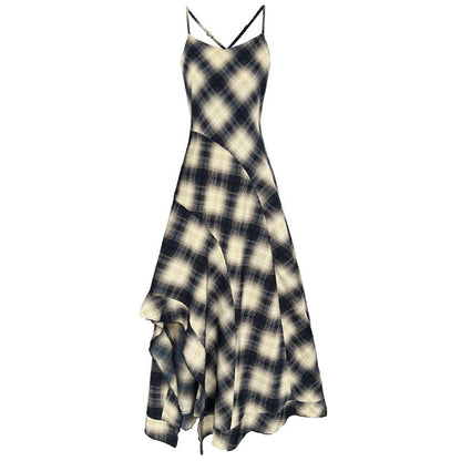 Korean simple temperament plaid dress spring and summer women's new waist irregular hem long dress