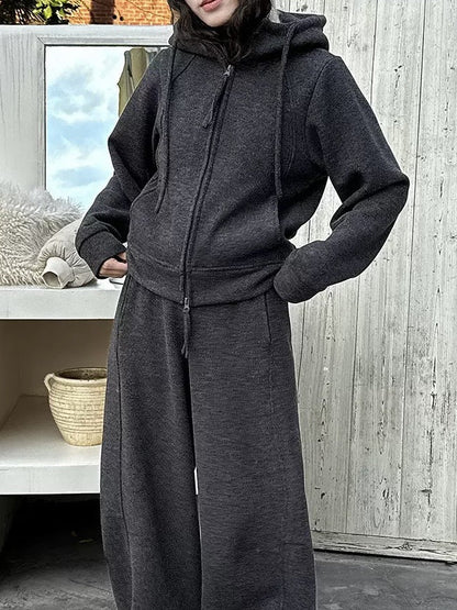 Wool fleece hooded double zipper sweater adjustable corset trousers temperament casual sports suit