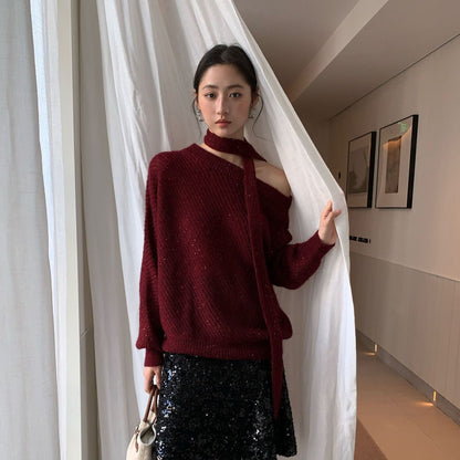 Lazy loose merino wool soft waxy diagonal neck off-the-shoulder sweater women