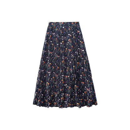 Women's High-Waist Floral Print Pleated Slim Maxi Skirt