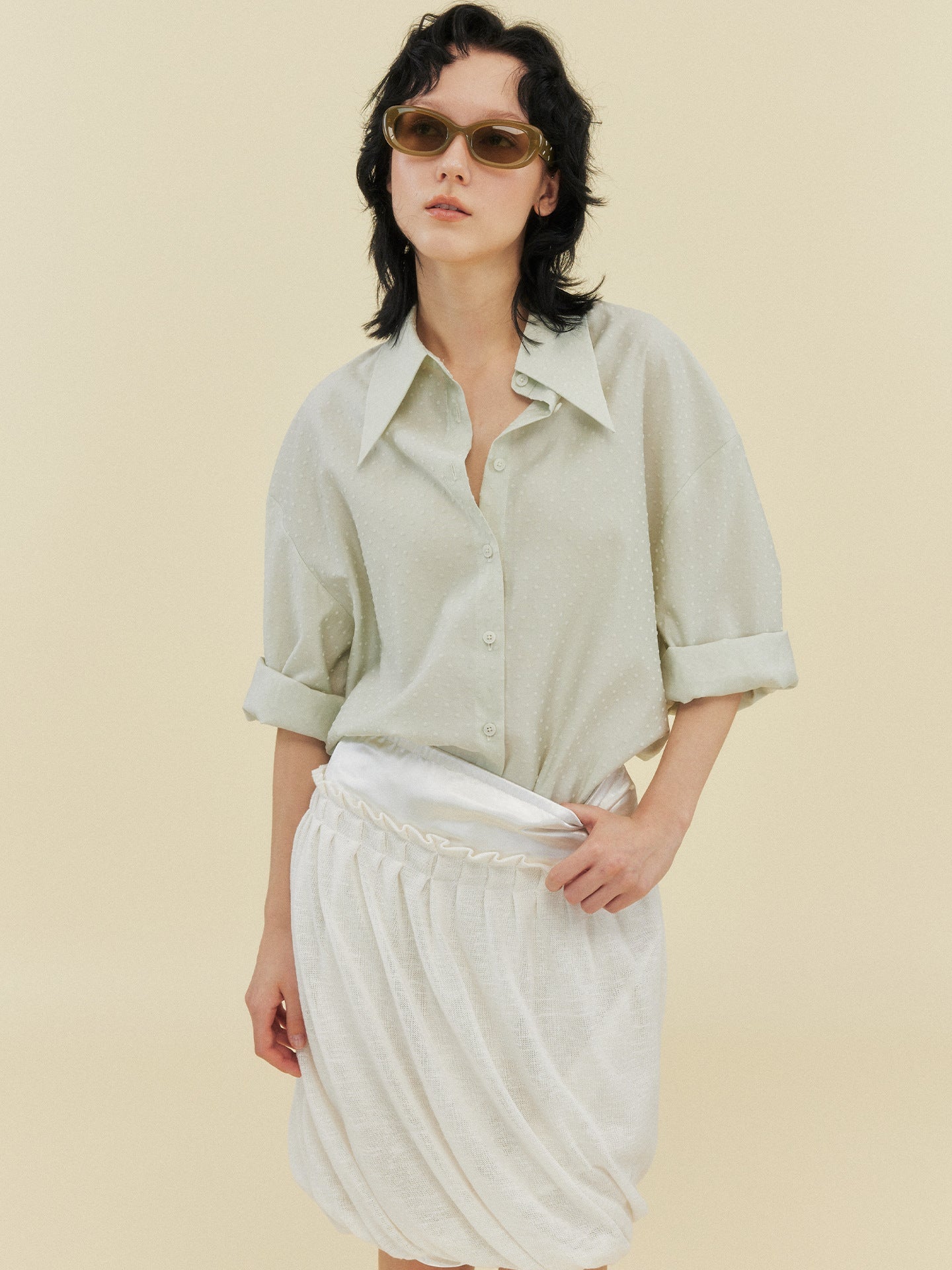 Fleece Tencel Polka Dot Seven-Sleeve Shirt
