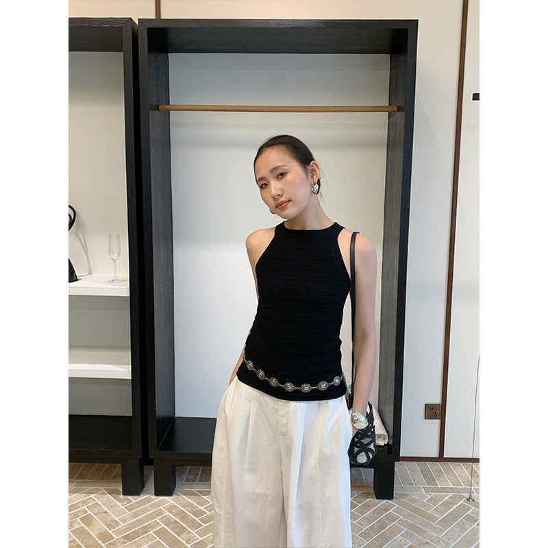 Halter Neck Knit Vest Women Sleeveless Slim Fit Cut-Out Tank Top