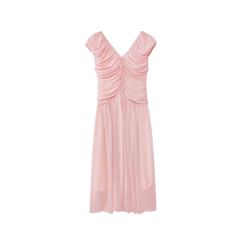 V-neck temperament waist pleated dress