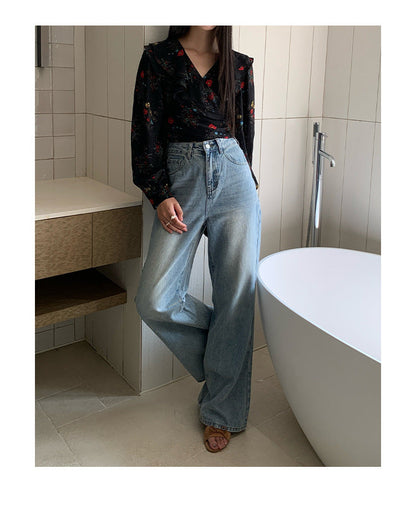 Gradual change washed blue cotton high waist micro pull jeans