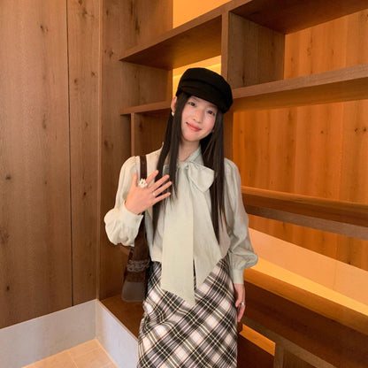 Temperament Tencel cotton tie-up collar long-sleeved bow shirt