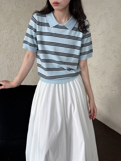 Korean striped lapel neck knitted sweater top women's autumn new contrasting color casual commuter short sleeve Tss746