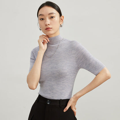 Semi-Turtleneck Wool Sweater Women Slim Fit Three-Quarter Sleeve Knit Top