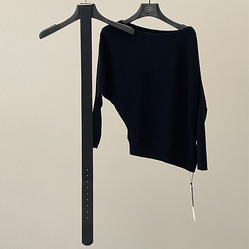 Temperament slanted shoulder knitted sweater women's spring soft waxy skin-friendly loose bat sleeve sweater