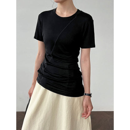 High Elasticity and Thin~ Design Sense Irregular Slim Sleeve Women's Summer Light and Thin Lyocell Tencel T-Shirt