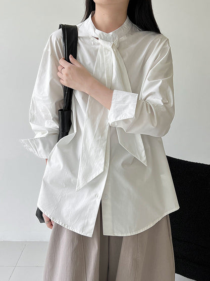 Korean design sense tie solid color shirt women's new temperament loose casual shirt