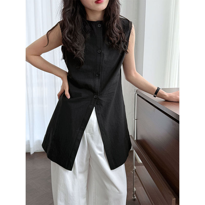 French Tencel Linen Small Shirt on Both Sides Women's Summer New Temperament Loose Sleeveless Shirt Top
