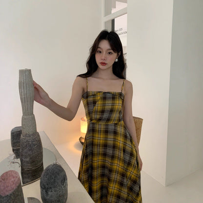 Spice Girl Dark Gold Checkered Irregular Suspender Dress