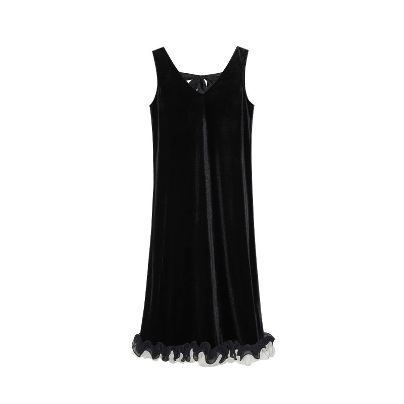 French Hepburn temperament long dress v-neck sleeveless velvet dress