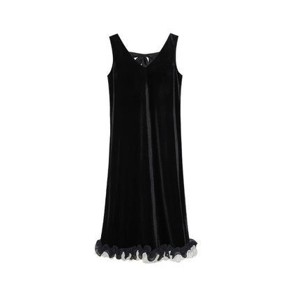French Hepburn temperament long dress v-neck sleeveless velvet dress