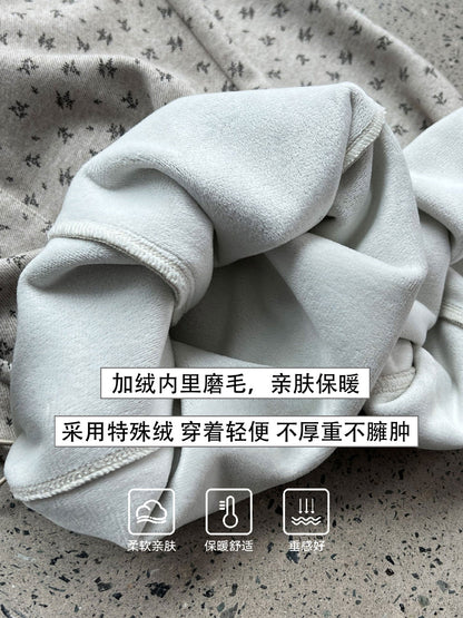 Fleece thickened micro-sickle floral wide-leg pants women's winter new thin elastic waist long pants