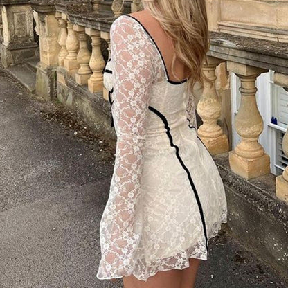 Slim Lace Hollow Splicing Short Skirt Flared Sleek Dress Women High Waist Skinny Spice Girls