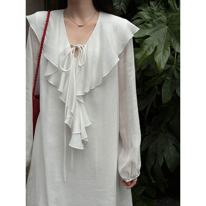 French simple ruffle V-neck dress spring new bubble sleeves lazy long skirt