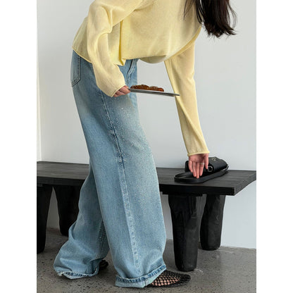 American retro gypsy hot diamond casual versatile wide-leg jeans spring new high-waisted trousers