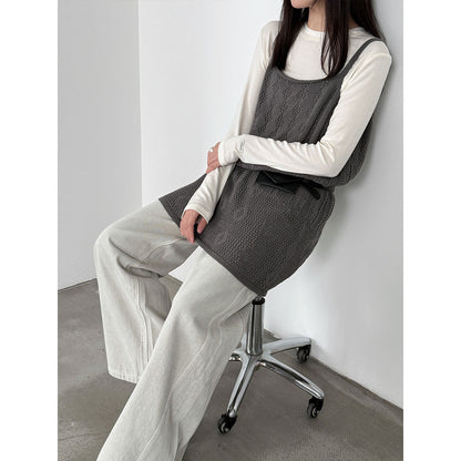 Korean hollow suspender knitted vest skirt women's spring new stacked A-shaped skirt blouse