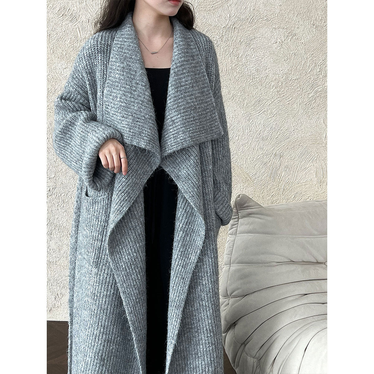Korean style oversized knit cardigan with wide lapel - new autumn collection, soft and cozy wool blend, relaxed fit long coat