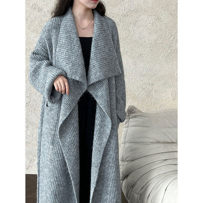 Korean style oversized knit cardigan with wide lapel - new autumn collection, soft and cozy wool blend, relaxed fit long coat