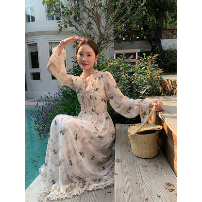Coffee break drape fungus edge floral dress women