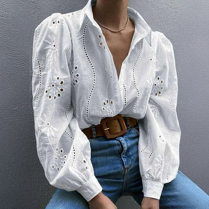 Lapel Long Sleeve Cardigan Women Regular Fit Puff Sleeve Hollow Blouse
