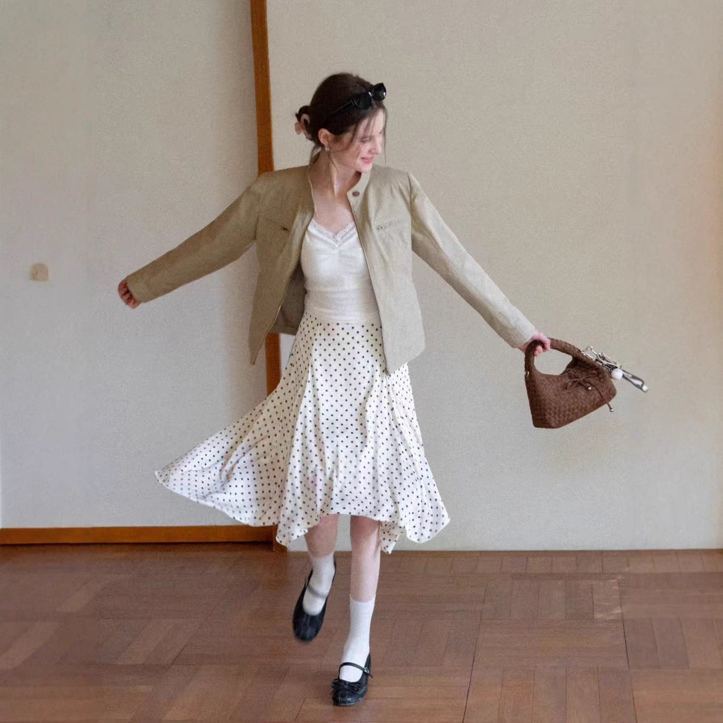 Summer retro fashion irregular a word polka dot skirt