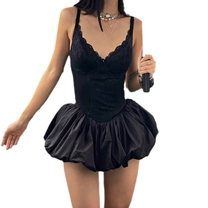 Slim lace splicing sexy hottie puffy skirt waist thin suspender dress