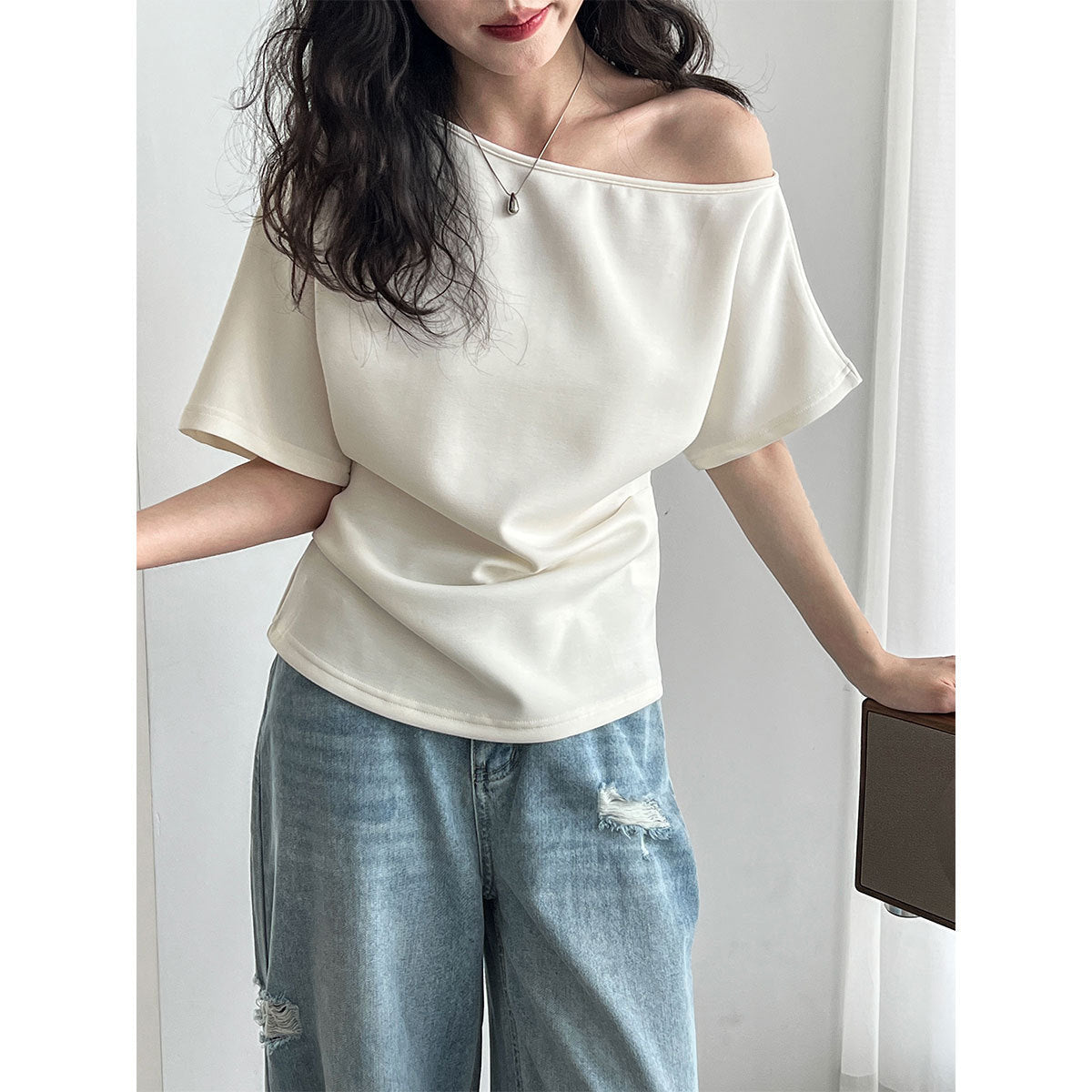 Lazy slanted shoulder loose short-sleeved women's summernew arrival off-shoulder asymmetrical waist slimming look t-shirt