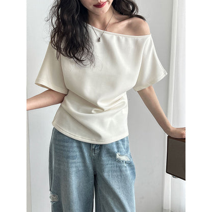 Lazy slanted shoulder loose short-sleeved women's summernew arrival off-shoulder asymmetrical waist slimming look t-shirt