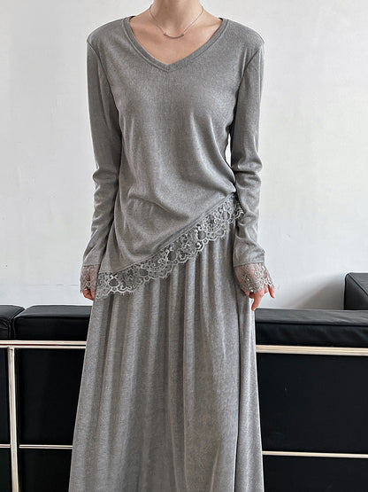 Giant Skinny Set~ Korean Lazy Slack Slant Hoop Lace Top + Skirt Two-piece Set