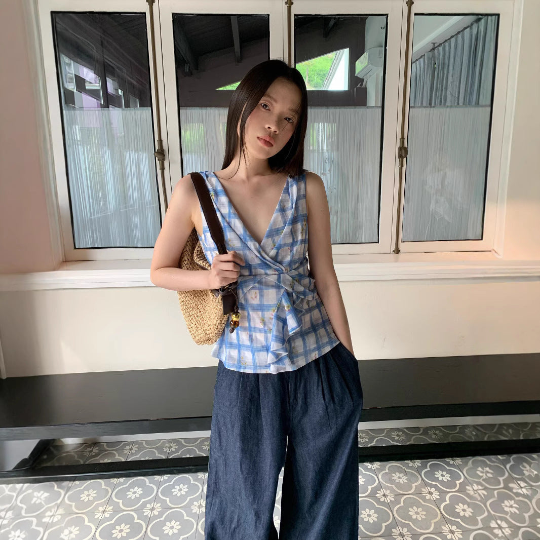 Plaid V-Neck Lace-Up Sleeveless Camisole Top