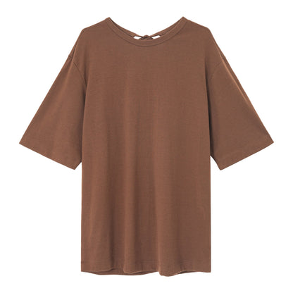 Autumn New Wool Blended Back Neck Split Strap Small Crew Neck Loose T-Shirt