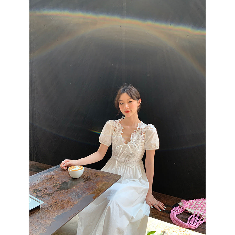 French beautiful waist lace heavy industry short-sleeved dress