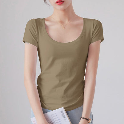 Round Neck Short Sleeve T-Shirt Women Slim Fit Cotton Base Layer Top