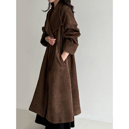 High-end silhouette long windbreaker relaxed drawstring plaid large lapel outwear women's autumnew arrival