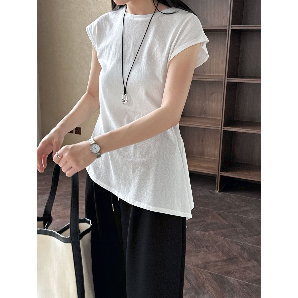 Korean version of simple slim-fitting lace-up short-sleeved women's summer new waist irregular hem T-shirt top