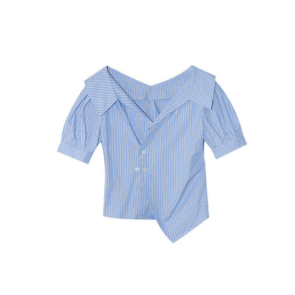 Temperament lapel irregular diagonal buckle waist thin shirt