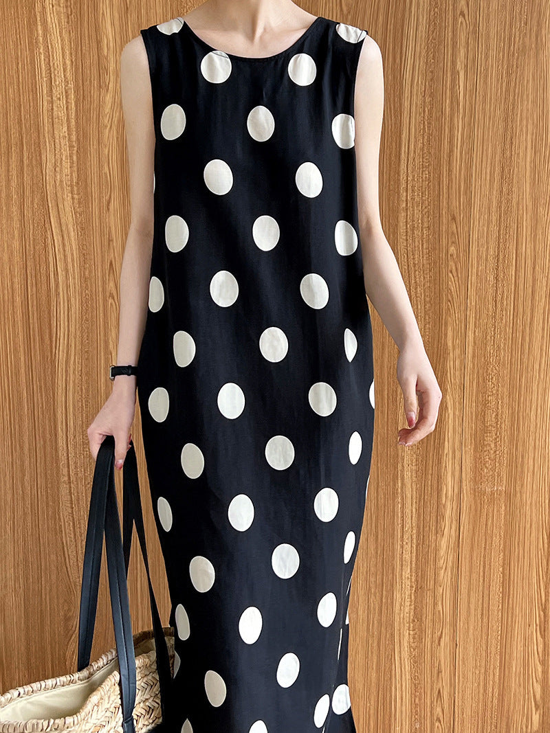 Flax material~ Design scheming backless drawstring polka dot dress Korean sleeveless vest skirt