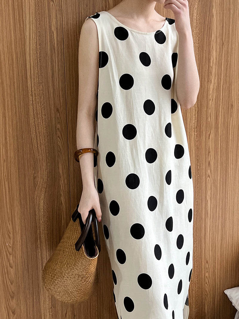 Flax material~ Design scheming backless drawstring polka dot dress Korean sleeveless vest skirt
