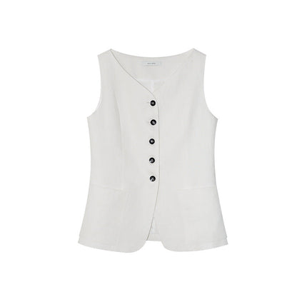 Early spring old money texture sleeveless linen single-breasted vest vest top