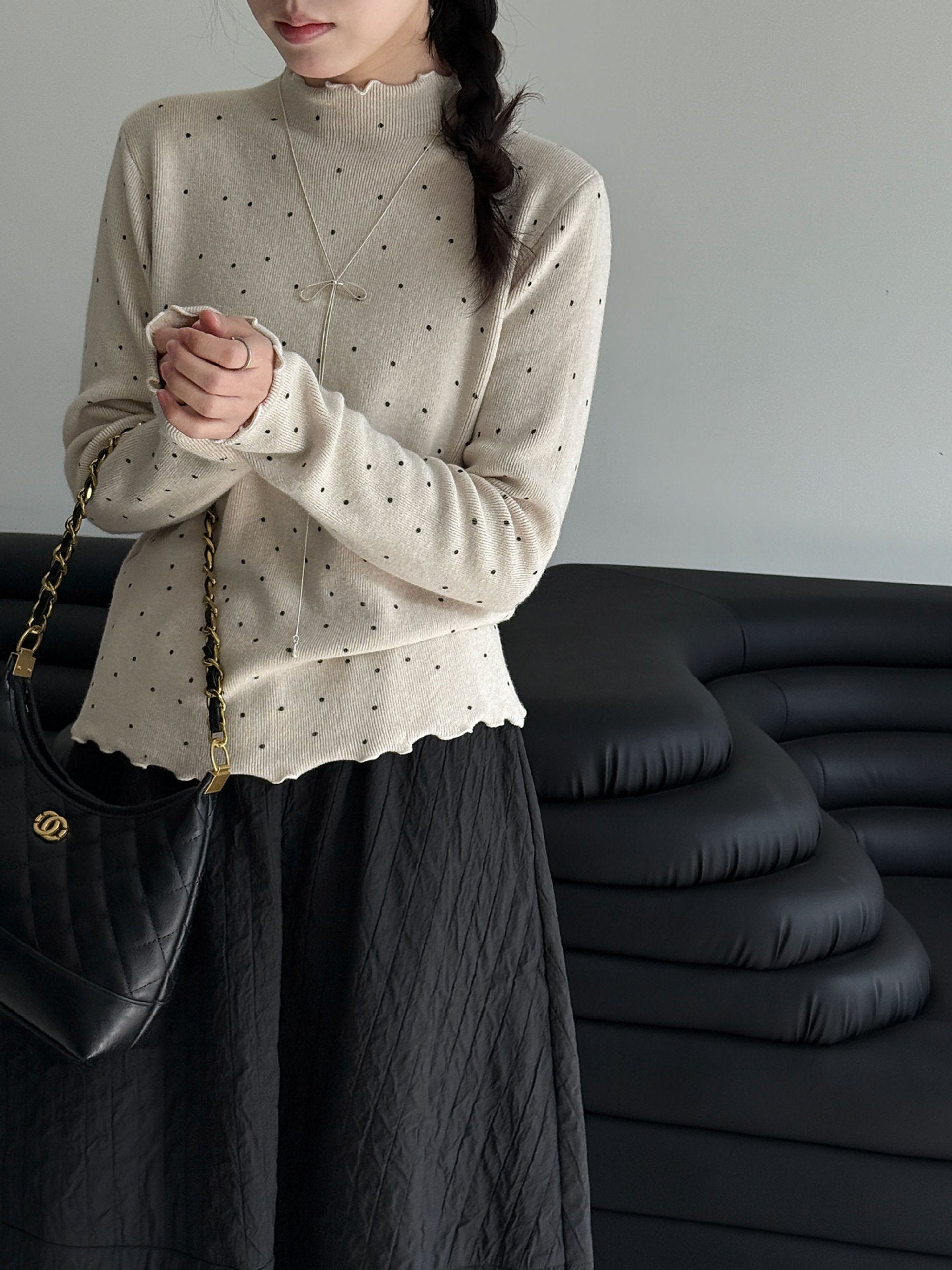 Half turtleneck polka dot elegantknitting shirt women's winter new arrival chic fungus edge inner tops