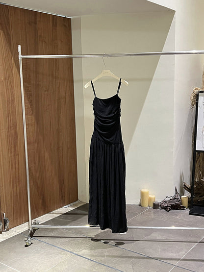 Sleeveless Pleated Dress Women Mid Waist Spaghetti Strap Maxi