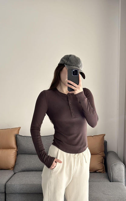 Long Sleeve Henley Shirt Women Slim Fit Elastic Knitted T-Shirt