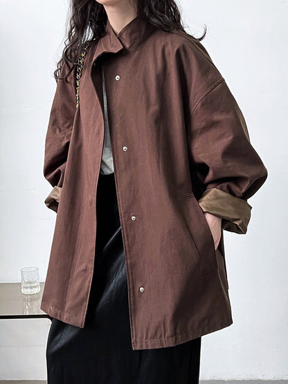 Premium temperament silhouette stand-up collar trench coat women's lazy style Japanese minimalist oversize coat 8631