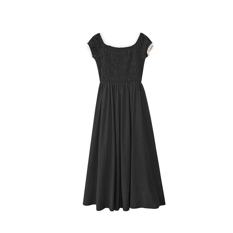 Women's Off-Shoulder Square Collar High-Waist Pleated A-Line Maxi Dress